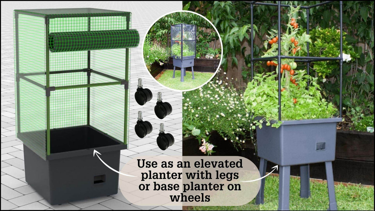 Self-Watering 15.75" x 15.75" x 45" Elevated Planter w/ Trellis Frame and Greenhouse Cover Patio Planters Frame It All Rolling Planter