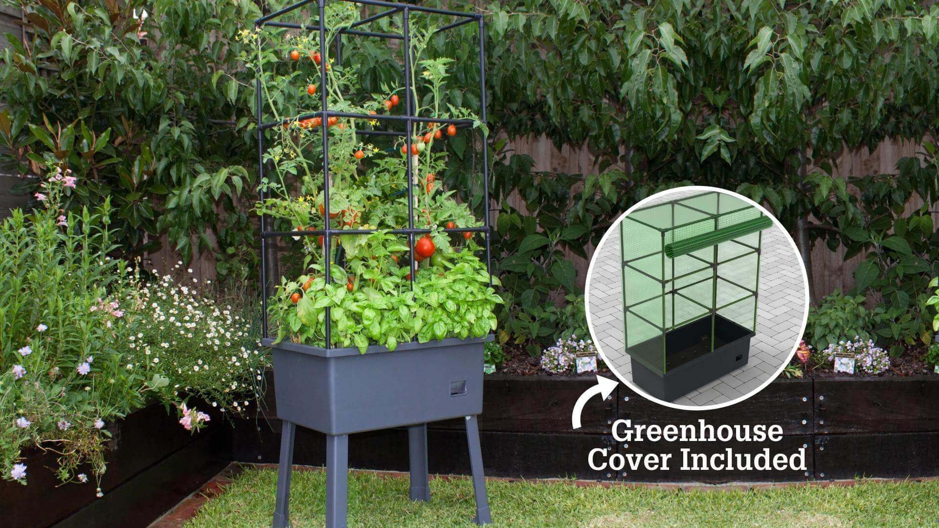 Self-Watering 15.75" x 23.5" x 57" Elevated Planter w/ Trellis Frame and Greenhouse Cover Patio Planters Frame It All