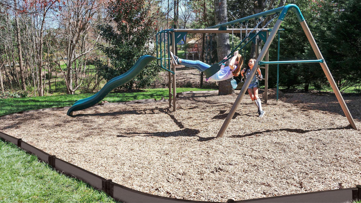 Tool-Free Playground Border Edging Kit - Curved Boards Playground Borders Frame It All Weathered Wood 1'' 16 Feet (Curved Boards)