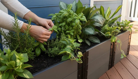 A lush culinary herb garden growing in a durable composite raised bed
