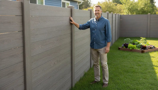 Homeowner standing beside a modern wood-plastic composite fence in a sunny backyard