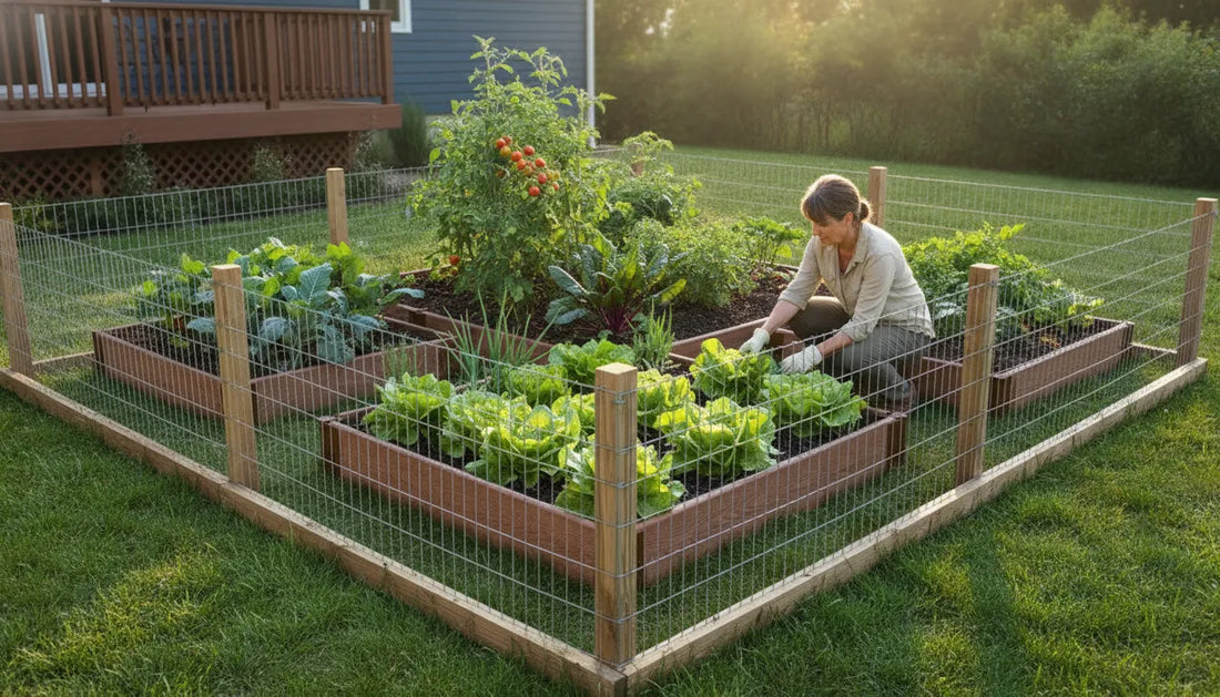 A groundhog-proof raised garden bed with a protective animal barrier in a sunny backyard vegetable garden
