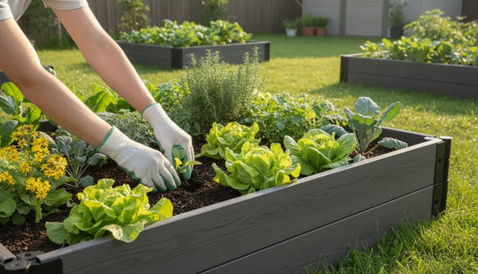 Hands planting seedlings into a composite raised garden bed with lush green vegetables in a sunny backyard garden