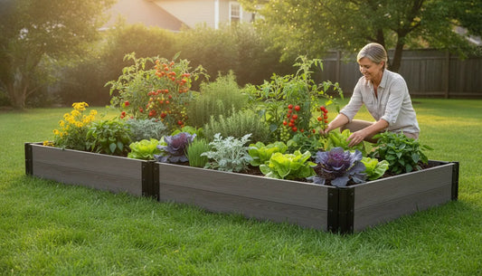 Homeowner tending vegetables and herbs in a modular composite organic gardening raised bed