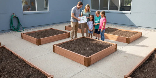 Educators and students planning a raised-bed school garden in a sunny courtyard