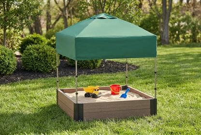 4' x 4' Composite Square Sandbox - 2 Inch Profile Sandboxes Frame It All Hickory Sandbox + Canopy Cover Plastic
