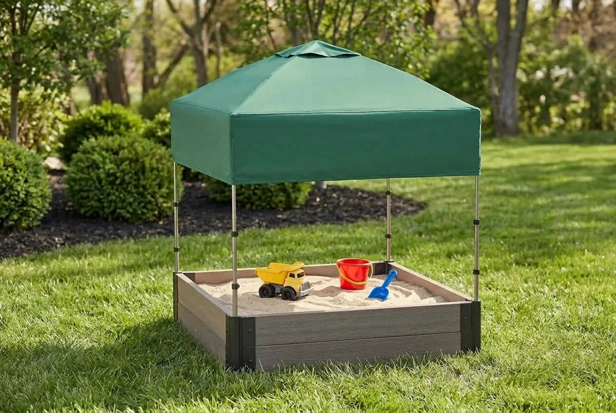 4' x 4' Composite Square Sandbox - 2 Inch Profile Sandboxes Frame It All Ironwood Sandbox + Canopy Cover Plastic