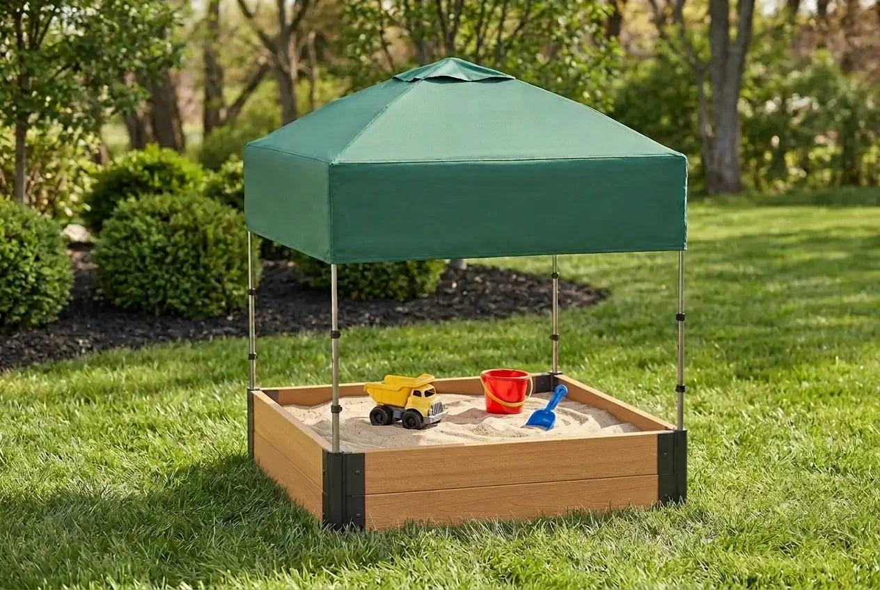 4' x 4' Composite Square Sandbox - 2 Inch Profile Sandboxes Frame It All Red Cedar Sandbox + Canopy Cover Plastic