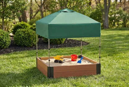 4' x 4' Composite Square Sandbox - 2 Inch Profile Sandboxes Frame It All Teak Sandbox + Canopy Cover Plastic