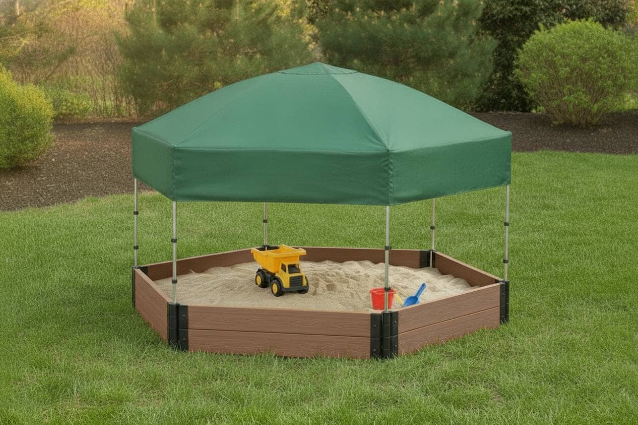 7' x 8' Composite Hexagon Sandbox - 2 Inch Profile Sandboxes Frame It All Hickory Sandbox + Canopy Cover Plastic