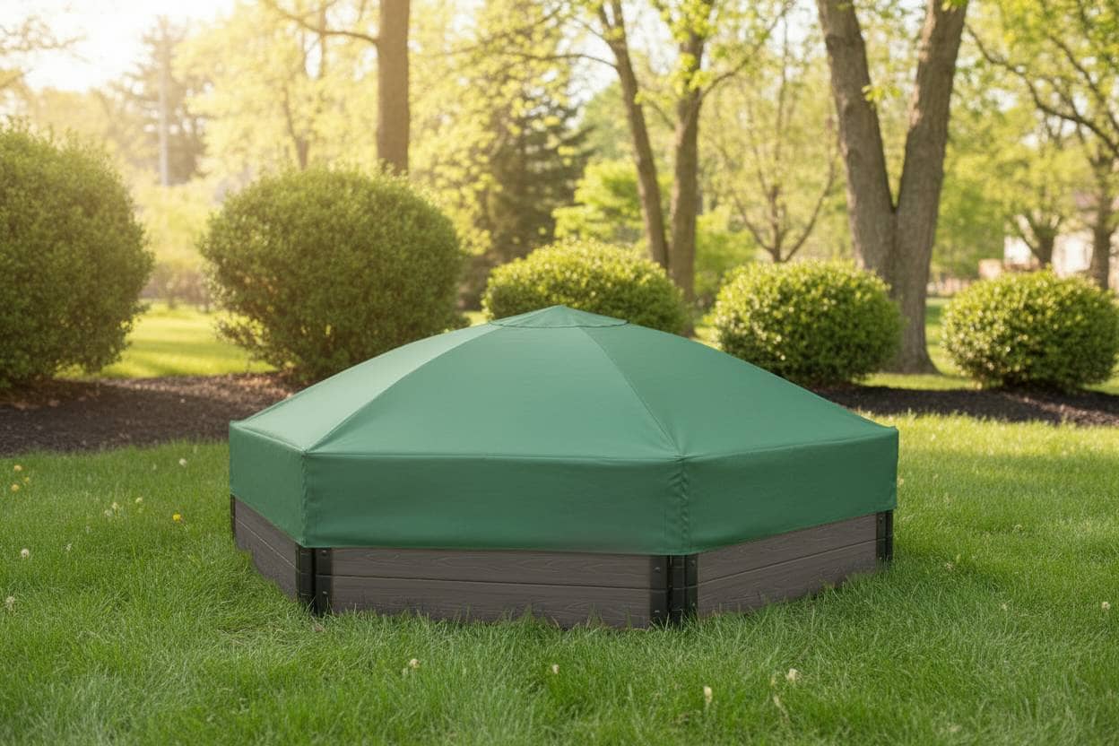 7' x 8' Composite Hexagon Sandbox - 2 Inch Profile Sandboxes Frame It All Ironwood Sandbox + Cover Plastic