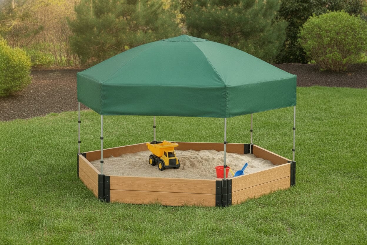 7' x 8' Composite Hexagon Sandbox - 2 Inch Profile Sandboxes Frame It All Red Cedar Sandbox + Canopy Cover Plastic