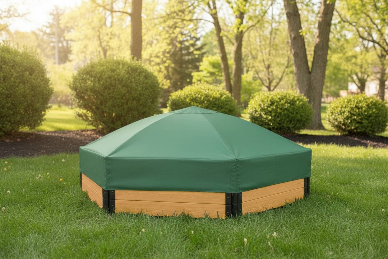 7' x 8' Composite Hexagon Sandbox - 2 Inch Profile Sandboxes Frame It All Red Cedar Sandbox + Cover Plastic