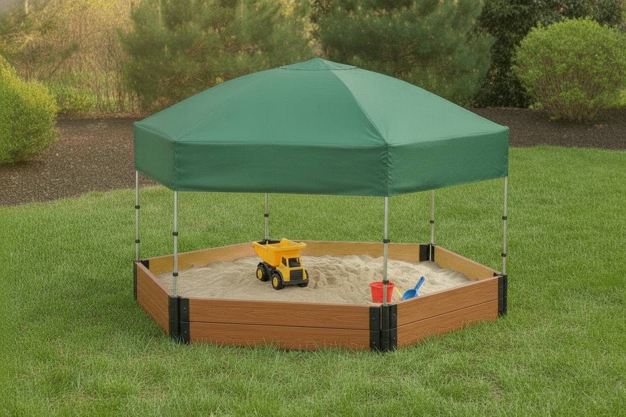 7' x 8' Composite Hexagon Sandbox - 2 Inch Profile Sandboxes Frame It All Teak Sandbox + Canopy Cover Plastic