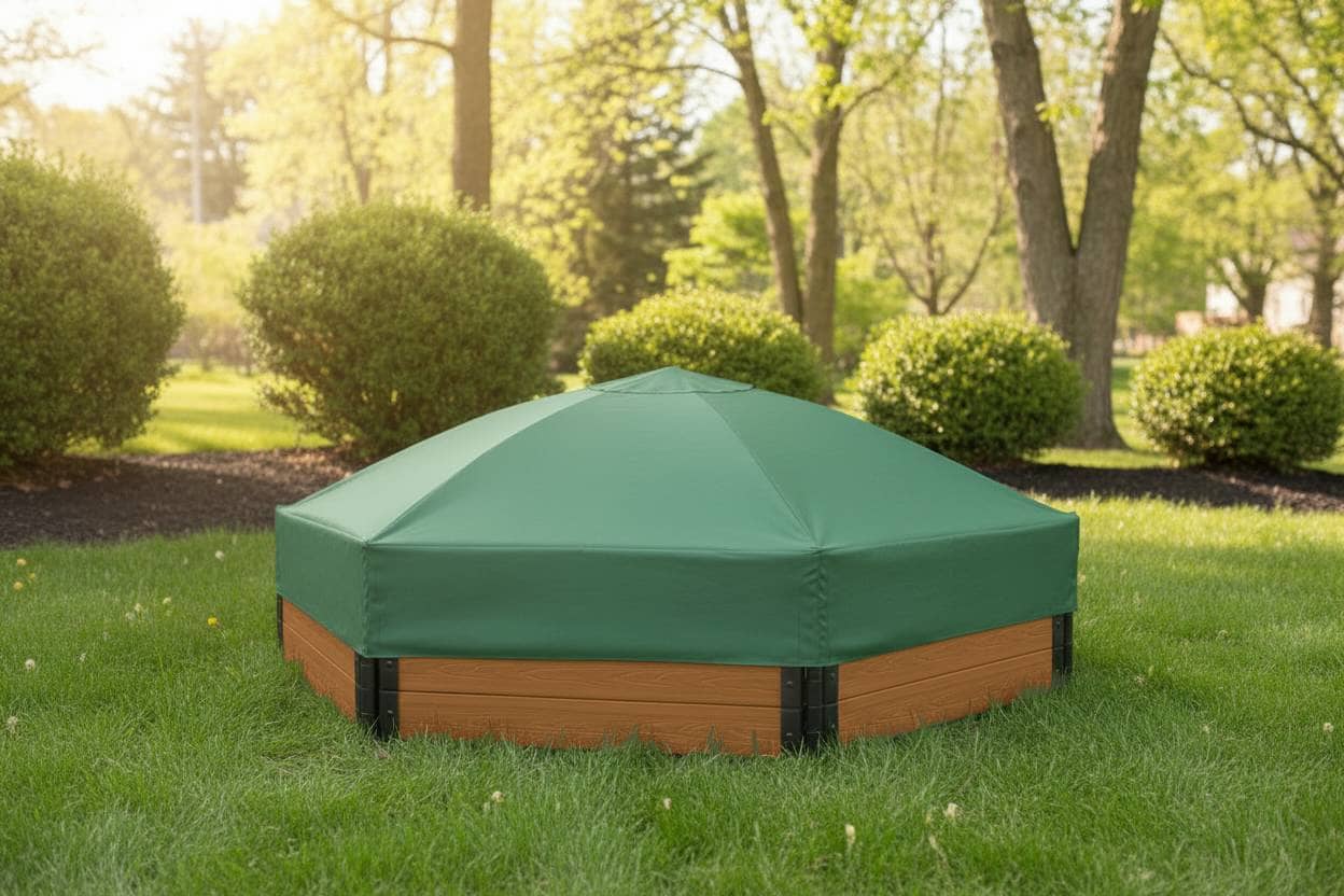 7' x 8' Composite Hexagon Sandbox - 2 Inch Profile Sandboxes Frame It All Teak Sandbox + Cover Plastic