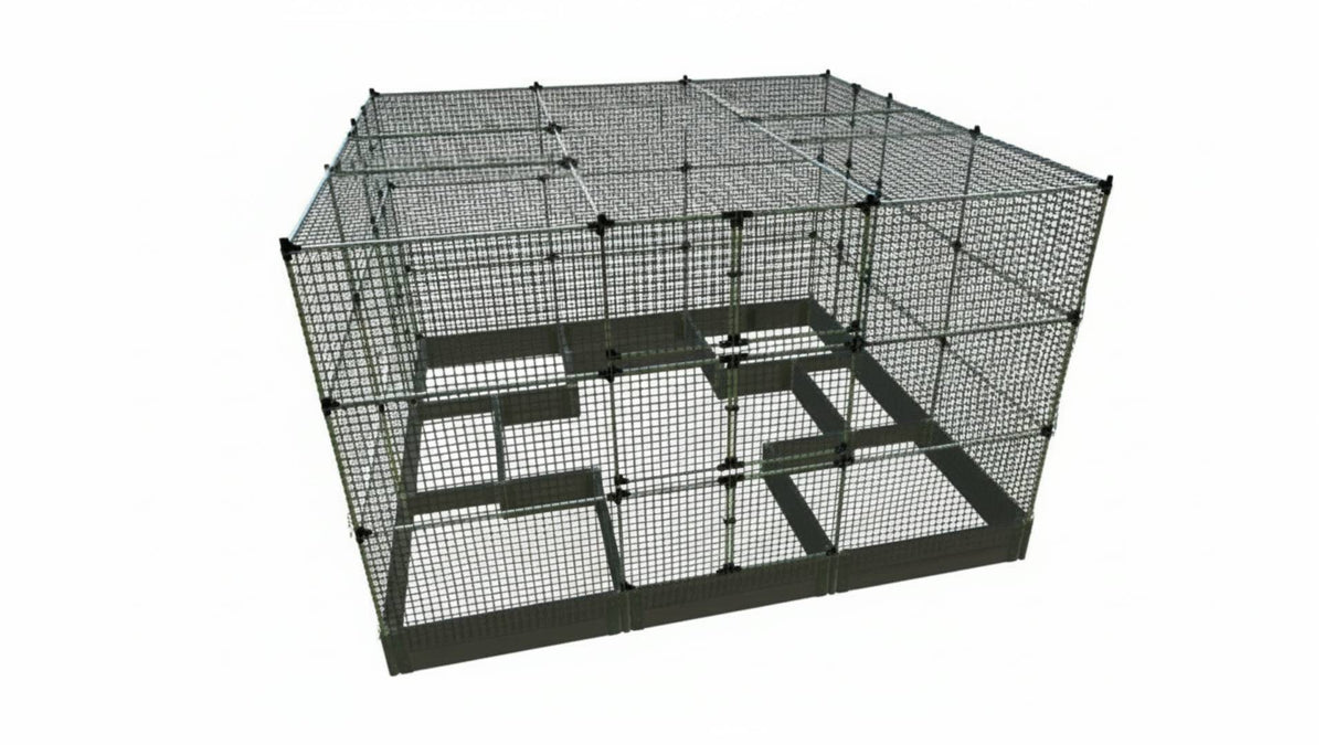 Walk-In Center Cross 12' x 12' Animal Barrier Raised Garden Bed - 2" Profile - GardenBLOX Classic Raised Garden Beds Frame It All Weathered Wood 2 Inch 11"" 6' + Roof