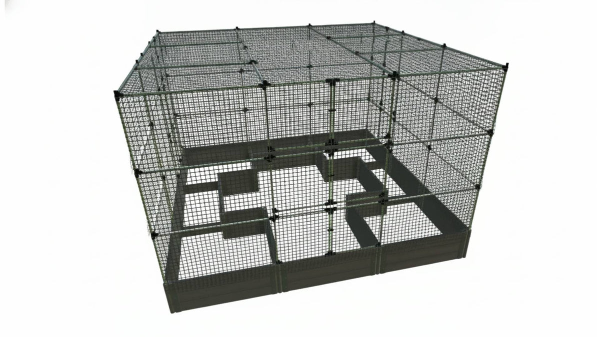 Walk-In Center Cross 12' x 12' Animal Barrier Raised Garden Bed - 2" Profile - GardenBLOX Classic Raised Garden Beds Frame It All Weathered Wood 2 Inch 16.5" 6' + Roof