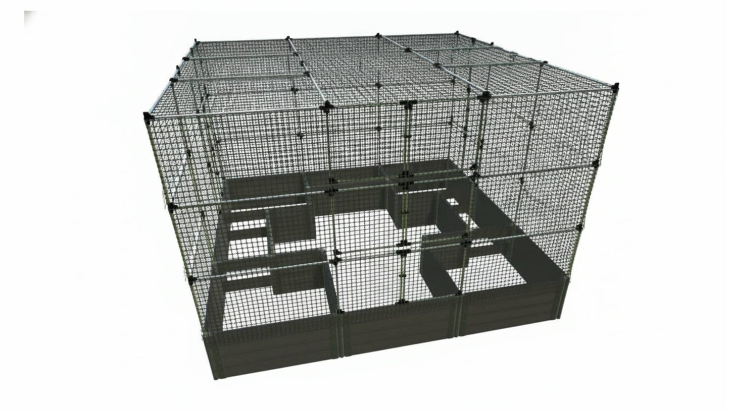 Walk-In Center Cross 12' x 12' Animal Barrier Raised Garden Bed - 2" Profile - GardenBLOX Classic Raised Garden Beds Frame It All Weathered Wood 2 Inch 22" 6' + Roof