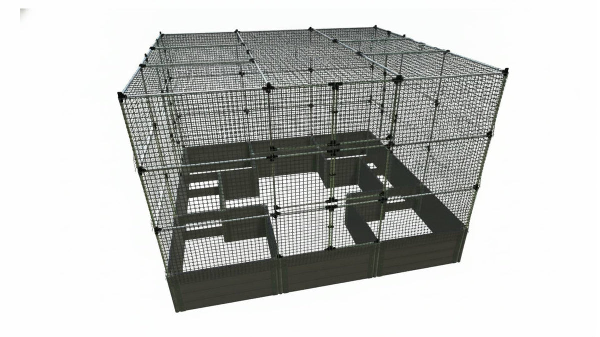Walk-In Center Cross 12' x 12' Animal Barrier Raised Garden Bed - 2" Profile - GardenBLOX Classic Raised Garden Beds Frame It All Weathered Wood 2 Inch 22" 6' + Roof