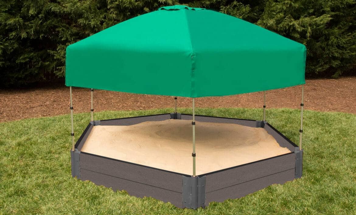 7' x 8' Composite Hexagon Sandbox - 2 Inch Profile Sandboxes Frame It All Weathered Wood 2 Inch 11" Sandbox + Canopy Cover