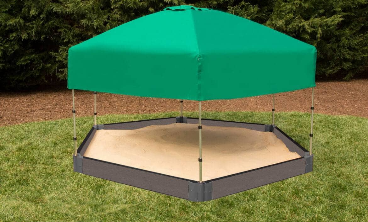 7' x 8' Composite Hexagon Sandbox - 2 Inch Profile Sandboxes Frame It All Weathered Wood 2 Inch 5.5" Sandbox + Canopy Cover