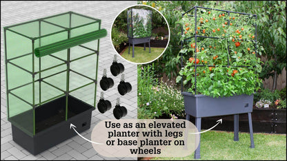 Self-Watering 15.75" x 31.5" x 63" Elevated Planter w/ Trellis Frame and Greenhouse Cover Patio Planters Frame It All Rolling Planter 