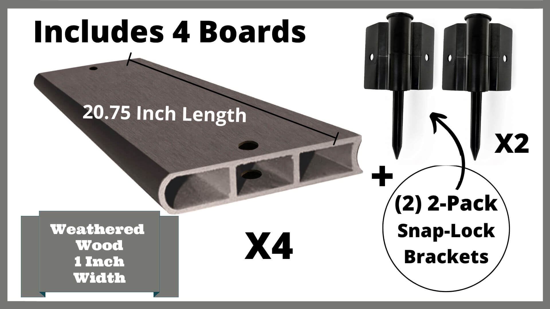 Weathered Wood 1" Profile Components Parts Frame It All 2ft Straight Snap-Lock Boards (4PK + Brackets) 
